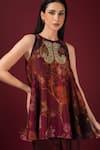 Buy_SONIA BADERIA_Maroon Kurta Semi Raw Silk Printed Floral Flared Peplum And Tulip Pant Set 