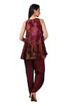 SONIA BADERIA_Maroon Kurta Semi Raw Silk Printed Floral Flared Peplum And Tulip Pant Set _Online