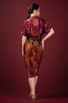 Shop_SONIA BADERIA_Maroon Satin Printed Floral Collared Draped Tie-up Dress _at_Aza_Fashions