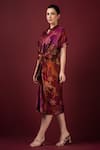SONIA BADERIA_Maroon Satin Printed Floral Collared Draped Tie-up Dress _Online_at_Aza_Fashions