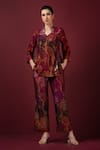 Buy_SONIA BADERIA_Maroon Semi Raw Silk Printed Floral Collared Shirt And Pant Set _at_Aza_Fashions