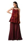 Buy_SONIA BADERIA_Maroon Kurta And Dupatta Chiffon Printed Floral Square V Sharara Set _Online_at_Aza_Fashions