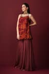 Shop_SONIA BADERIA_Maroon Kurta And Dupatta Chiffon Printed Floral Square V Sharara Set _Online_at_Aza_Fashions