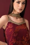 Shop_SONIA BADERIA_Maroon Kurta And Dupatta Chiffon Printed Floral Square V Sharara Set 