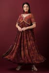 Buy_SONIA BADERIA_Maroon Anarkali Chiffon Printed Floral Leaf Vrindavan Set _at_Aza_Fashions