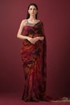 Buy_SONIA BADERIA_Maroon Saree Chiffon Printed Floral Square Embroidered With Blouse _at_Aza_Fashions