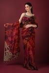 SONIA BADERIA_Maroon Saree Chiffon Printed Floral Square Embroidered With Blouse _at_Aza_Fashions