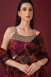 Buy_SONIA BADERIA_Maroon Saree Chiffon Printed Floral Square Embroidered With Blouse 
