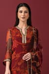 SONIA BADERIA_Maroon Kurta Chiffon Printed Floral Notched Long Pant Set _Online_at_Aza_Fashions