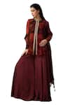 Shop_SONIA BADERIA_Maroon Peplum Top And Dupatta Chiffon Printed Floral Embroidered Sharara Set _Online_at_Aza_Fashions