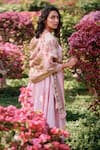 Shop_Saundh_Pink Anarkali Chanderi Woven Floral Falak Mirror Neckline Embroidered Set_at_Aza_Fashions