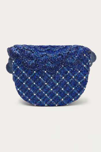 Shop_Doux Amour_Blue Beads Coco Floral Hand Embroidered Sling _at_Aza_Fashions