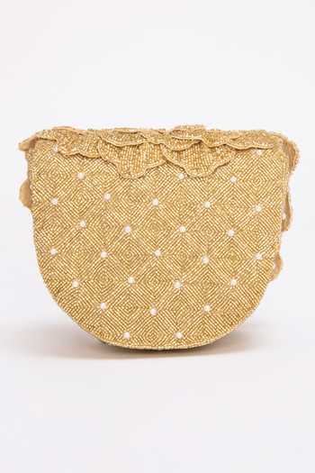 Shop_Doux Amour_Gold Beads Flower Bugle Hand Embroidered Bag _at_Aza_Fashions
