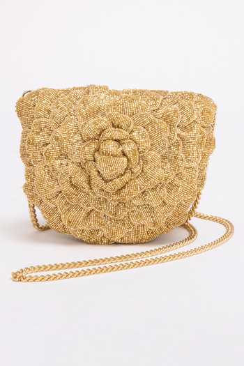 Doux Amour_Gold Beads Flower Bugle Hand Embroidered Bag _at_Aza_Fashions