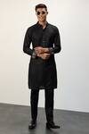 Buy_Arjan Dugal_Black Cotton Satin, Chanderi Silk Embroidery Straight Kurta And Pant Set _at_Aza_Fashions