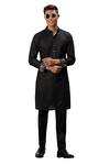 Shop_Arjan Dugal_Black Cotton Satin, Chanderi Silk Embroidery Straight Kurta And Pant Set _Online_at_Aza_Fashions