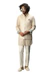 Arjan Dugal_Beige Chanderi Silk Printed Embroidered Nehru Jacket With Kurta Set  _Online_at_Aza_Fashions