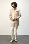 Buy_Arjan Dugal_Beige Cotton Satin, Chanderi Silk Embroidery Floral Thread Nehru Jacket _Online_at_Aza_Fashions