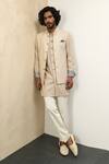 Shop_Arjan Dugal_Beige Cotton Satin, Chanderi Silk Embroidery Floral Thread Nehru Jacket _at_Aza_Fashions
