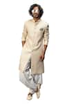 Shop_Arjan Dugal_Beige Chanderi Silk Printed Floral Thread Work Achkan Jacket With Dhoti Pant Set _Online_at_Aza_Fashions