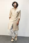 Shop_Arjan Dugal_Beige Chanderi Silk Printed Floral Thread Work Achkan Jacket With Dhoti Pant Set _at_Aza_Fashions