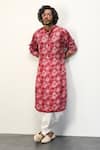 Shop_Arjan Dugal_Red Modal Printed Floral Peony Kurta And Pant Set  _at_Aza_Fashions