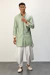 Buy_Arjan Dugal_Green Chanderi Silk Embroidered Thread Short Kurta And Pant Set  _at_Aza_Fashions