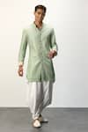 Shop_Arjan Dugal_Green Chanderi Silk Embroidered Thread Short Kurta And Pant Set  _at_Aza_Fashions