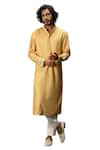 Arjan Dugal_Yellow Chanderi Silk Embroidered Thread Long Kurta And Pant Set _at_Aza_Fashions