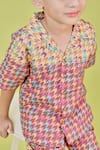 Little Shiro_Brown Poplin Cotton Printed Houndstooth Tree Block Shirt With Shorts _at_Aza_Fashions