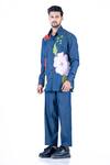 YAJY by Aditya Jain_Blue Denim Cotton Embellished Floral Applique Work Shirt With Trouser _Online_at_Aza_Fashions