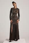 Buy_AKHL_Brown Lurex Tulle (57% Metallic Yarn 43% Polyester) Gathered Slit Maxi Dress _at_Aza_Fashions