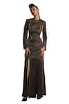 AKHL_Brown Lurex Tulle (57% Metallic Yarn 43% Polyester) Gathered Slit Maxi Dress _Online_at_Aza_Fashions