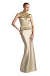 AKHL_Gold Textured Satin (90% Polyester 10% Elastane) Hand Embroidered Fishtail Dress_Online_at_Aza_Fashions
