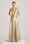 Buy_AKHL_Gold Textured Satin (90% Polyester 10% Elastane) Hand Embroidered Metallic Dress _at_Aza_Fashions