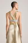 AKHL_Gold Textured Satin (90% Polyester 10% Elastane) Hand Embroidered Metallic Dress _at_Aza_Fashions