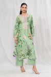 Buy_Anushree Reddy_Green Dupion Silk Printed Floral Notched Kurta And Pant Set _at_Aza_Fashions