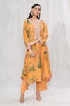 Buy_Anushree Reddy_Orange Dupion Silk Printed Floral Notched Straight Kurta And Pant Set  _at_Aza_Fashions