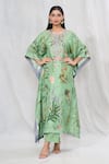 Buy_Anushree Reddy_Green Twill Silk Printed Floral Notched Kaftan And Pant Set  _at_Aza_Fashions