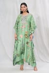 Buy_Anushree Reddy_Green Twill Silk Printed Floral Notched Kaftan And Pant Set  _Online_at_Aza_Fashions