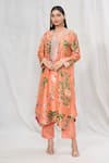 Buy_Anushree Reddy_Peach Dupion Silk Printed Floral Notched Botanic Kurta And Pant Set  _at_Aza_Fashions