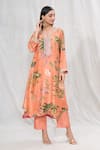 Anushree Reddy_Peach Dupion Silk Printed Floral Notched Botanic Kurta And Pant Set  _Online_at_Aza_Fashions