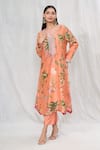 Buy_Anushree Reddy_Peach Dupion Silk Printed Floral Notched Botanic Kurta And Pant Set  _Online_at_Aza_Fashions