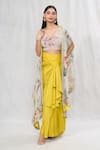 Buy_Anushree Reddy_Green Georgette Printed Floral Blouse V Neck Cape And Draped Skirt Set  _at_Aza_Fashions