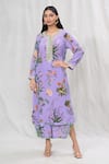 Buy_Anushree Reddy_Purple Crepe Printed Flower Notched Kurta And Pant Co-ord Set  _at_Aza_Fashions