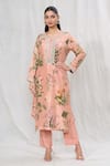 Buy_Anushree Reddy_Peach Dupion Silk Printed Floral Notched Straight Kurta And Pant Set  _at_Aza_Fashions