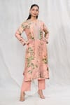 Buy_Anushree Reddy_Peach Dupion Silk Printed Floral Notched Straight Kurta And Pant Set  _Online_at_Aza_Fashions