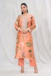 Buy_Anushree Reddy_Orange Dupion Silk Printed Floral Straight Kurta And Solid Pant Set  _at_Aza_Fashions