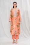 Anushree Reddy_Orange Dupion Silk Printed Floral Straight Kurta And Solid Pant Set  _Online_at_Aza_Fashions