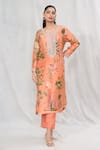 Buy_Anushree Reddy_Orange Dupion Silk Printed Floral Straight Kurta And Solid Pant Set  _Online_at_Aza_Fashions